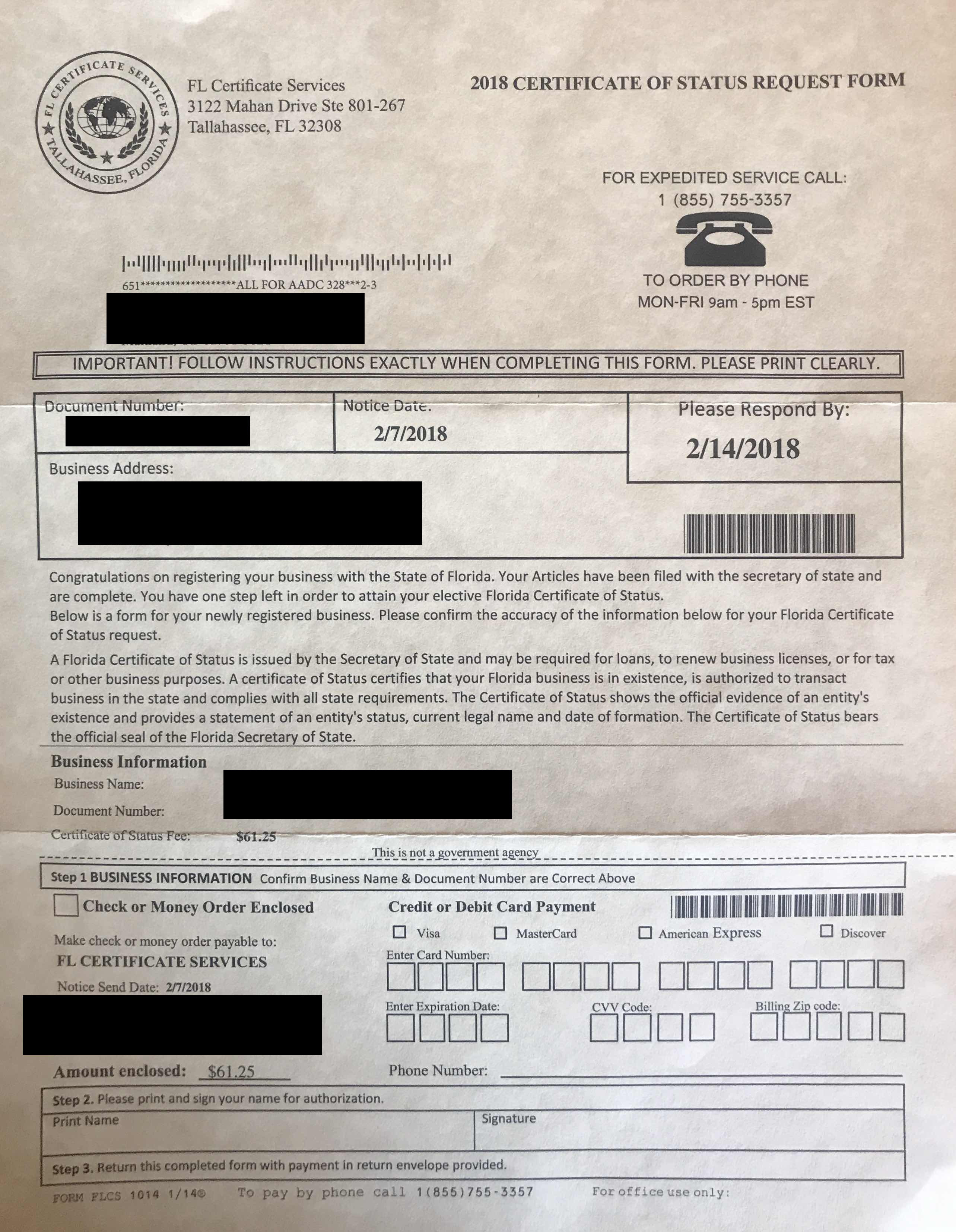 in Florida of Beware Certificate - Your Mailbox Status of Scams